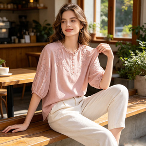 Blusa Holgada Rosa con Bordado, Manga Media, Cuello Redondo, Estilo Boho para Mujer, Camisa Casual de Verano - Product Image 3