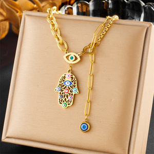 Gold Plated Hamsa Hand Necklace With Evil Eye Pendant Stainless Steel Chain Unisex Jewelry Gift Set - Product Image 5