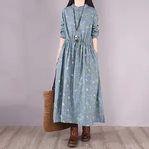 C VÊTEMENTS Vintage Imprimé Floral Automne Robe 2023 O-cou Lin Maxi Robe Élégante Robes Décontractées Pour Fille
