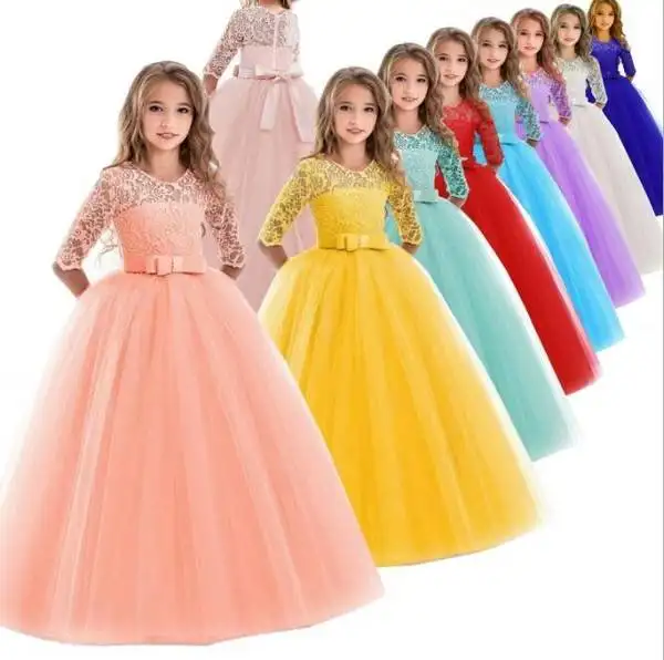 Fashion Girls Party Dress Lace Long Sleeves Breathable Skirt Wedding Flower Girls Dress Evening Pageant Tutu Princess Dresses