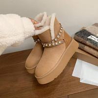 Sepatu Bot Wanita Hiasan Berlian Imitasi Model Ujung Bulat untuk Musim Dingin