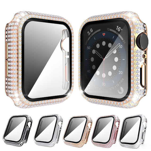 Full Diamond 2 in 1 Tempered Glass Screen Protector Bling Watch Case for Apple Watch 4/5/6/7/8/10 Iwatch 40 44 41 45 42 46