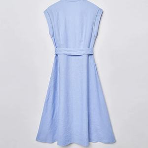 Vestido de Lino para Mujer, Cuello Redondo, Sin Mangas, Casual, Sólido, Fruncido, Natural, Ajustado, Midi, Formal, en Oferta - Product Image 5