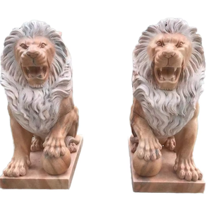 Estatua de León de mármol rojo de puesta de sol personalizada estatua de león de piedra de tamaño real de jardín escultura de estatua de León de piedra tallada con escultura de estatua de mármol - Product Image 1