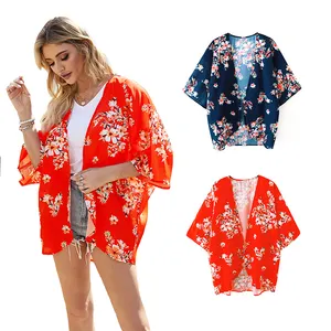 Chemise imprimé Floral rouge Tops 2021 femmes cache-maillot grande taille Kimonos pour femmes