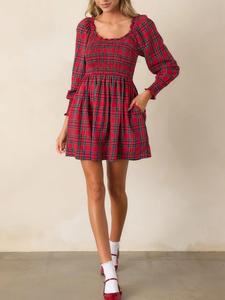 <span class=keywords><strong>Abito</strong></span> alla moda da donna di natale estivo a manica lunga in cotone <span class=keywords><strong>rosso</strong></span> Plaid - Product Image 2
