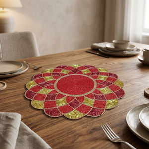 Camino de Mesa Bordado con Diseño Floral Bohemio, Rojo y Dorado, Poliéster, Decoración para el Hogar, Lavable - Product Image 1