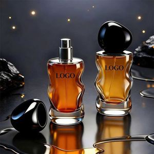 Wholesale in Stock Custom Perfume <b>Spray</b> <b>Bottles</b> 30ml 50ml <b>Empty</b> Amber Glass Crimp <b>Bottles</b> with Irregular Shape & Black Stone Cap - Product Image 2
