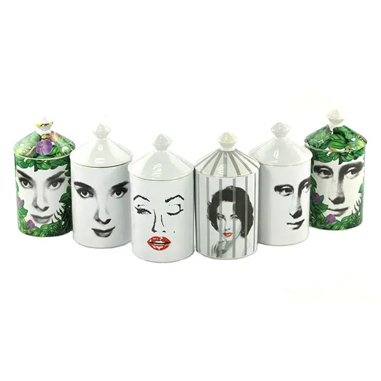 Portavelas de cerámica de cara personalizada de lujo profesional, recipientes con tapas para boda, cera de soja perfumada