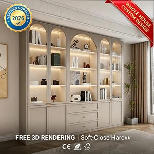Vetrina per Soggiorno in MDF su Misura per Tutta la Casa |   Libreria con Porta in Vetro e Luci LED |   Rendering 3D Gratuito - Product Image 1