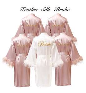 2022 personalizado <span class=keywords><strong>novia</strong></span> <span class=keywords><strong>bata</strong></span> zapatilla conjunto corto satén suave bordado infinito Aliexpress rubor Rosa vestidos de dama de honor de talla grande - Product Image 3