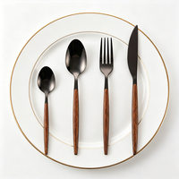Service de couverts en acier inoxydable 430, finition miroir, anti-rayures, manche motif bois, 4 pièces, pour usage en restaurant