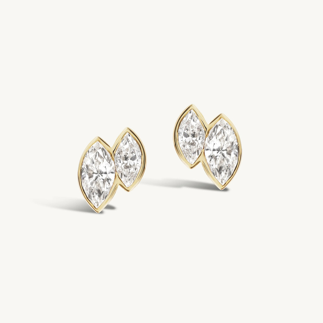 Luxury 925 Sterling Silver Two Stone Marquise Stud Earrings for Women 18K Gold Plated Waterproof Non Tarnish Fine Jewelry