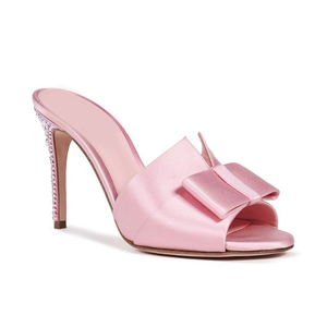 Sandali Donna 2026 in Pelle Platino Glitter con Fiocco in Raso e Cristalli Lucidi, Tacco Alto, Modello Mule - Product Image 2