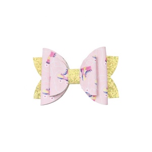 Embroidered Flower Sweet PU Leather and Fabric Butterfly Hairpin Printed Glitter Shiny <b>Bow</b> Three-Layer Bang Hair <b>Clip</b> - Product Image 4