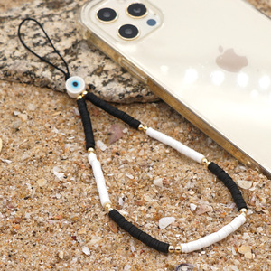 Breloques de téléphone, chaînes à perles, pendentifs pour sangle de téléphone portable, noir et blanc, argile polymère souple, bijoux de téléphone, cordon - Product Image 6