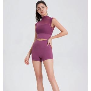 Wholesale Women's Mesh <b>Mock</b> <b>Neck</b> 2 in 1 Yoga <b>Top</b> Built-in Bra Crop <b>Top</b> High Stretch Gym Workout Tee Breathable Pilates Shirt - Product Image 2