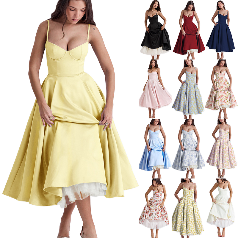 Princess Cut Printed Summer Dress Large French Mesh Sexy Floor-Length  Spaghetti Strap Chiffon Woven Technique Solid Pattern