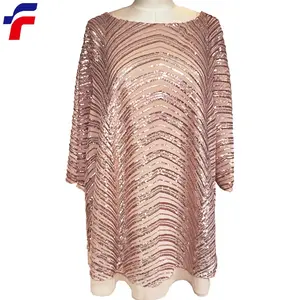 Full beauty brand customized <strong>plus</strong> women <strong>size</strong> champagne sequins embroidery skin soft <strong>mesh</strong> 3/4 sleeves boat neck <strong>top</strong> - Product Image 1