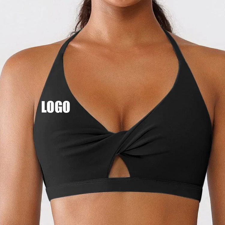 OEM Custom Logo Womens Tank Tops Twist Knot Halter Cross Back Removable Triangle Cup Cutout Bra Breathable Yoga Workout Gym