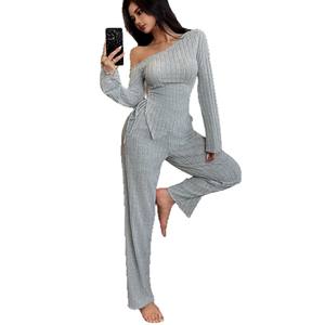 Best Seller Women's Winter <strong>Nightwear</strong> Set <strong>Sexy</strong> Off-Shoulder Asymmetric Long Sleeve Pants Two-Piece Homewear - Product Image 5