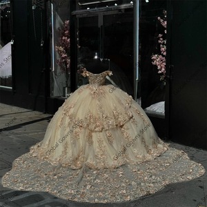 Champagne Off The Shoulder Prom Dress Ball Gown Applique Floral Print Adult Women's Formal Party Dress - Product Image 4