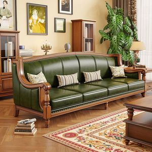 Genuine Leather Sofa Green Italian Style Solid Wood Frame Living Room Furniture - Product Image 2