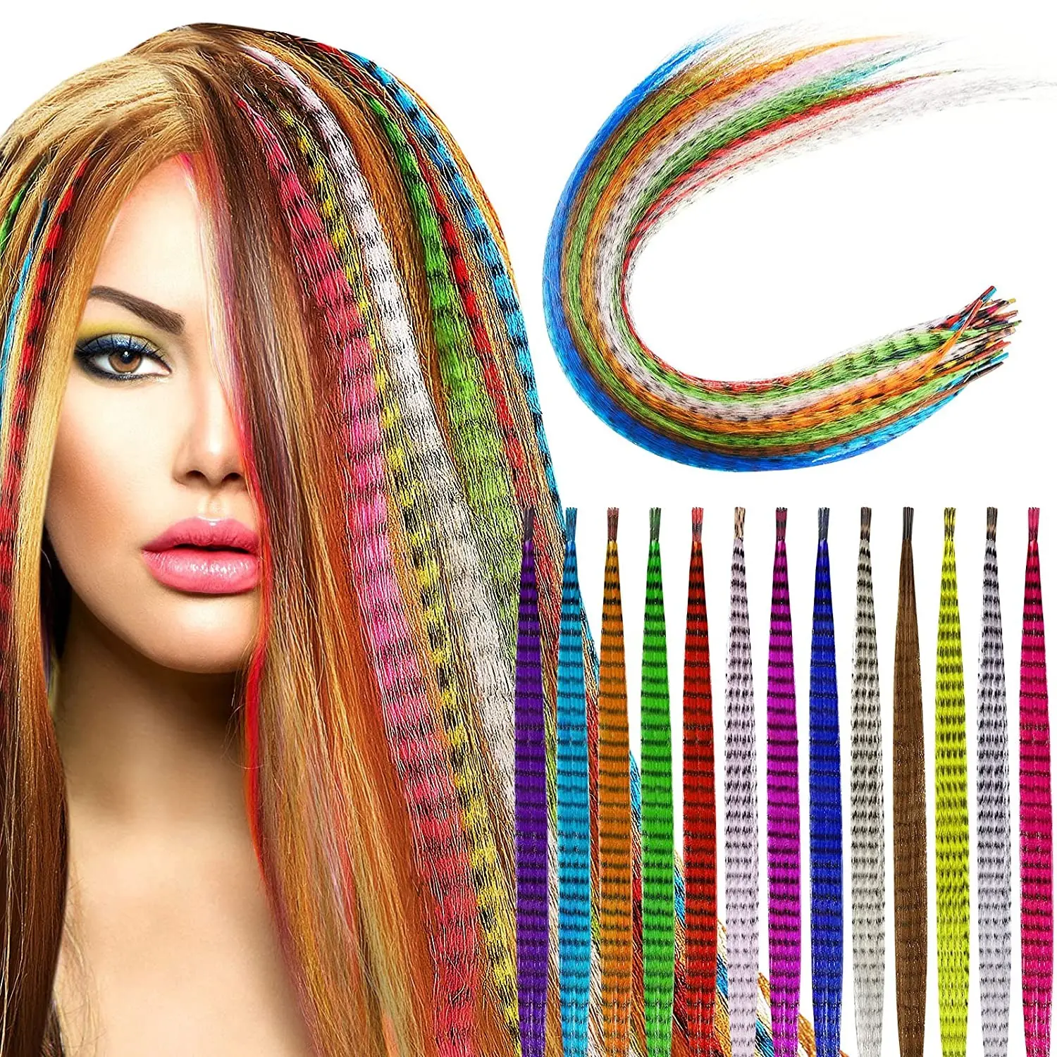 Saç tüy uzatma için 100 adet renkli ipliklerini I İpucu sentetik postiş sahte saç Zebra hattı tüy saç ekleme