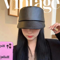 Casquette plate en cuir PU noir pour femme, style équestre rétro vintage, effet amincissant, mode automne-hiver