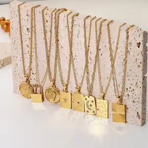 New 18k Gold Plated Stainless Steel Necklace Fashion Personality Necklace Square Tarot Stamp Pendant Necklace Jewelry