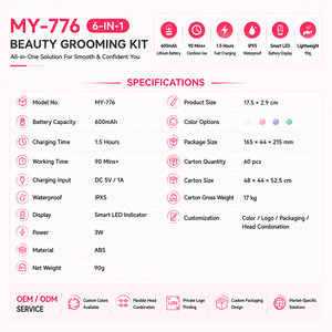 Kit de toilettage corporel pour femmes MRY 6 en 1, 90g, rasoir léger pour femmes, tondeuse à sourcils, tondeuse à <span class=keywords><strong>poils</strong></span> <span class=keywords><strong>du</strong></span> <span class=keywords><strong>nez</strong></span>, rechargeable, IPX5, OEM ODM - Product Image 6