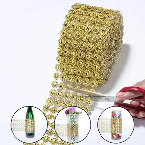 Glanzende Gouden Plastic Bloemvorm Diamond Mesh Lint Wrap Crystal Rhinestone Mesh Lint Voor Decoraties