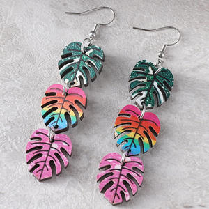 Boucles d'oreilles en bois pendentif dégradé feuille colorée boucles d'oreilles double face pour femmes Uionen 1176 - Product Image 5