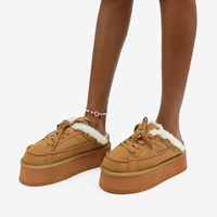 YL-26154 Pantoufles à plateforme pour femmes en daim synthétique marron, à lacets, en fausse fourrure, pour l'intérieur et l'extérieur, hiver, ODM/OEM