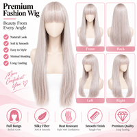Perruque synthétique longue et droite rose pastel avec frange complète, en fibre résistante à la chaleur, aspect naturel, pour usage quotidien, fête ou cosplay, pour femmes