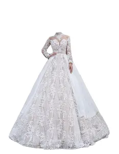 A Line High Neck Long Sleeve Muslim Wedding Dresses Arab Middle East Women Embroidered Bridal Gowns