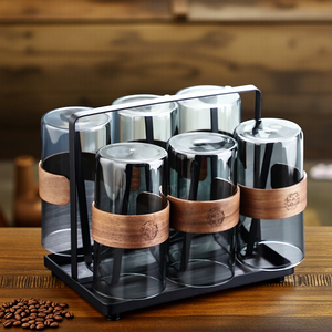 300ml semplice vetro grigio fumo alto borosilicato colorato tazze da <span class=keywords><strong>caffè</strong></span> tè con manico in legno 6 pezzi set con supporto - Product Image 5