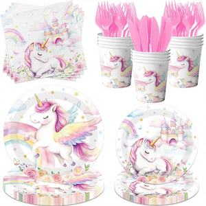 Décorations d'anniversaire licorne arc-en-ciel, vaisselle pour fête licorne pour fille, assiettes et serviettes licorne, gobelets pastel - Product Image 1