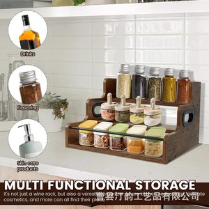 Three-tier solid wood wine rack storage rack, retro-style <b>desktop</b> <b>shelf</b>, multi-functional condiment display rack - Product Image 3