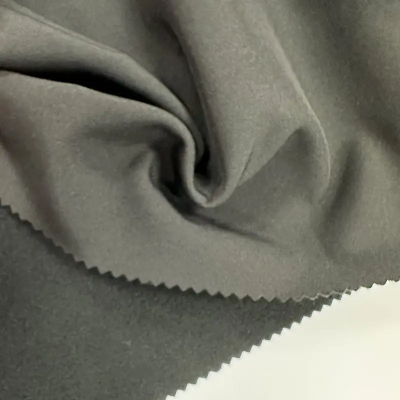 Jaket musim dingin cangkang lembut kain daur ulang komposit jaket kain luar ruangan bulu spandeks warna kustom 320GSM untuk Jaket