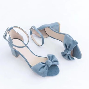 High Quality Summer Blue Block <b>Heel</b> Sandals with Bow Ankle Strap Open <b>Round</b> <b>Toe</b> Women's Sandals for Both Prom Evening Look - Product Image 2