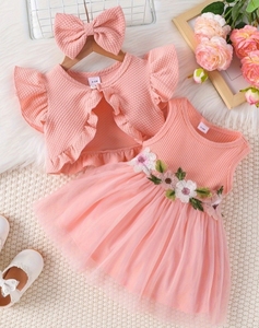 Nuovi Completi per Bambine: Vestito con Ricamo Floreale, Cardigan in <span class=keywords><strong>Maglia</strong></span> con Volant e Fascia per Capelli - Product Image 1