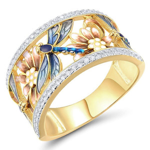 Anillo de Diamantes de Oro Sólido de 18K para Mujer T1008 con Diseño de Libélula y Flor, Joyería para Uso Diario - Product Image 1