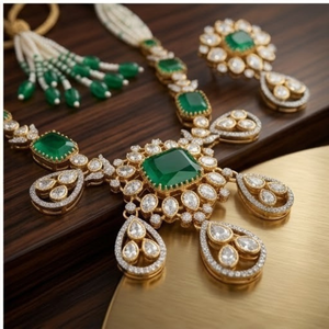 Ensemble de collier en argent 925 royal avec émeraude, bijoux de mariée de créateur, collier de perles traditionnel avec boucles d'oreilles pour femmes - Product Image 5