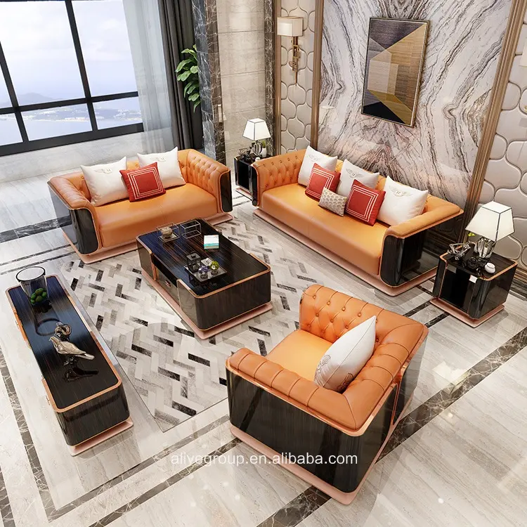 Sofá seccional italiano de cuero para sala de estar, muebles de lujo de diseño moderno de alta gama para villa