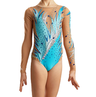 Justaucorps de gymnastique rythmique en spandex bleu pour femmes et filles, une pièce, unitard en dentelle, tenue de scène, danse, compétition, enfants