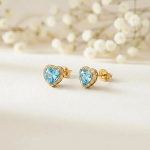 Elegant Sky Blue Topaz Heart Shape <b>Stud</b> Earrings Gold CZ Halo Design Natural Gemstone Jewelry In 925 <b>Sterling</b> <b>Silver</b> Minimalist - Product Image 2