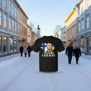 T-shirt Premium 'Stand with Ukraine' con Volodymyr Zelenskyy dalla Finlandia - Categoria Prodotti Promozionali - Product Image 3