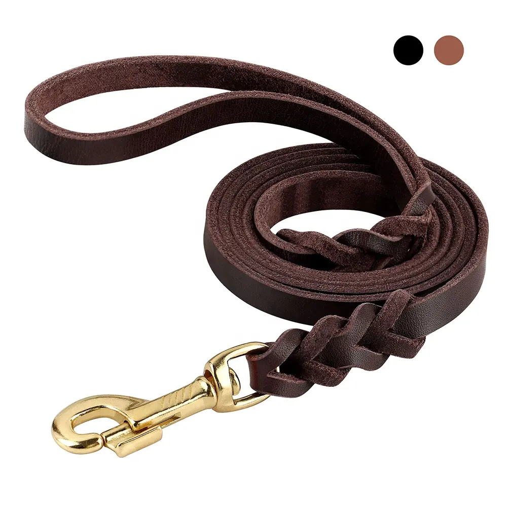Wholesales Gold Hook Strong Durable Braided Genuine Leather Dog Leash