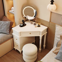 Ensemble de coiffeuse d'angle triangulaire moderne avec miroir LED, tiroirs de rangement et tabouret, idéal pour petits espaces, chambre et hôtel - Vente en gros